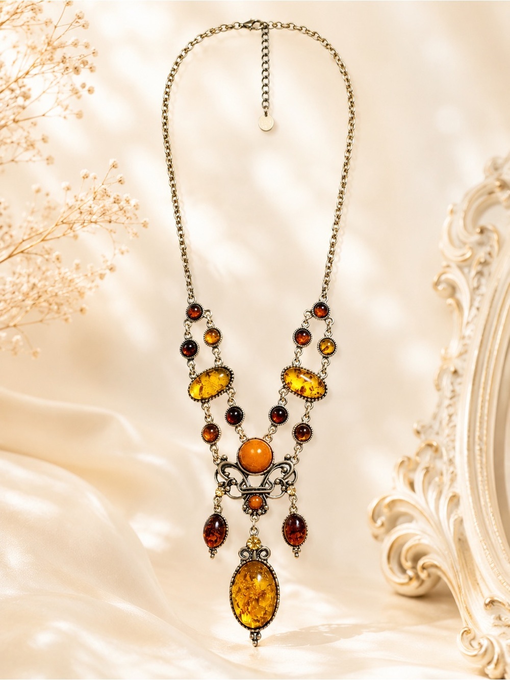 Gothic Victorian / Art Nouveau Style Dangle Cabochons Necklace Statement